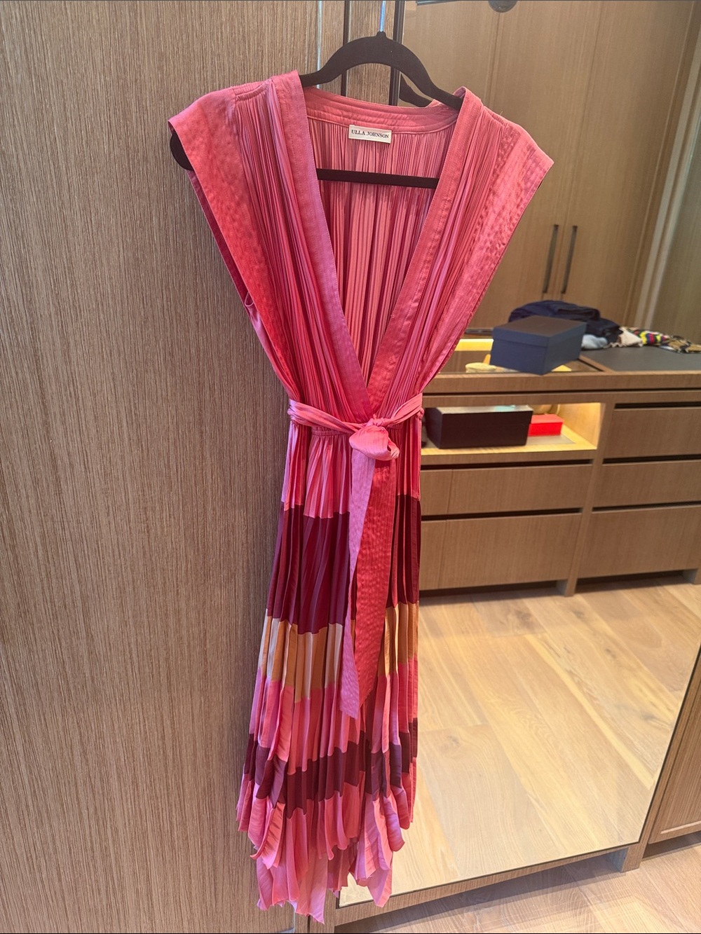 Ulla Johnson Coral Multi-Stripe Pleated Wrap Midi Dress